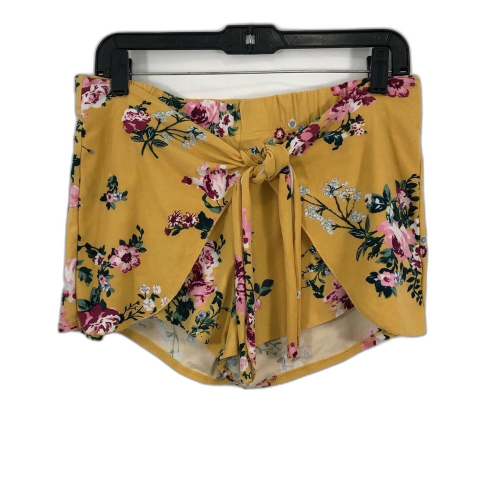 Derek Heart yellow floral knit shorts with tie overlay at front Size Large